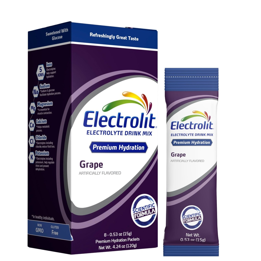Ηλεκτρολυτές Powder Packets, Grape 8 Pack, Συσκευασίες Ενυδάτωσης σε σκόνη για Αφυδάτωση & Επανυδάτωση, Post Workout Flavored Hydrating Drink Mix, Gluten Free Daily Water Enhancer Sticks
