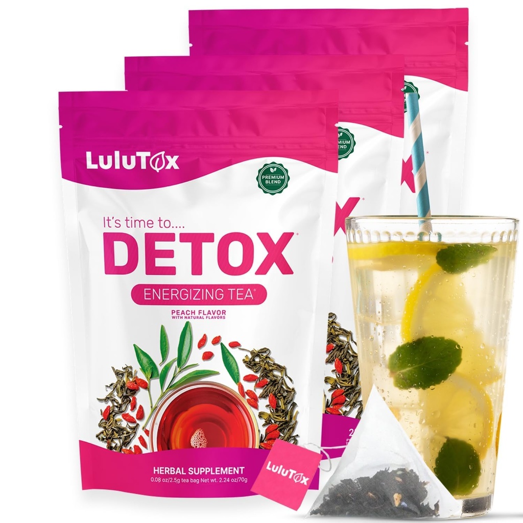 LULUTOX Detox Τσάι - Βότανο ανάμειξη με Dandelion, Ginseng, και Ginger - Υποστηρίζει ένα υγιές βάρος, Digestive Υγεία - Vegan, όλα φυσικά, Laxative-Free - Ροδάκινο Γεύση (3 Pack x 28 εξυπηρετούν)