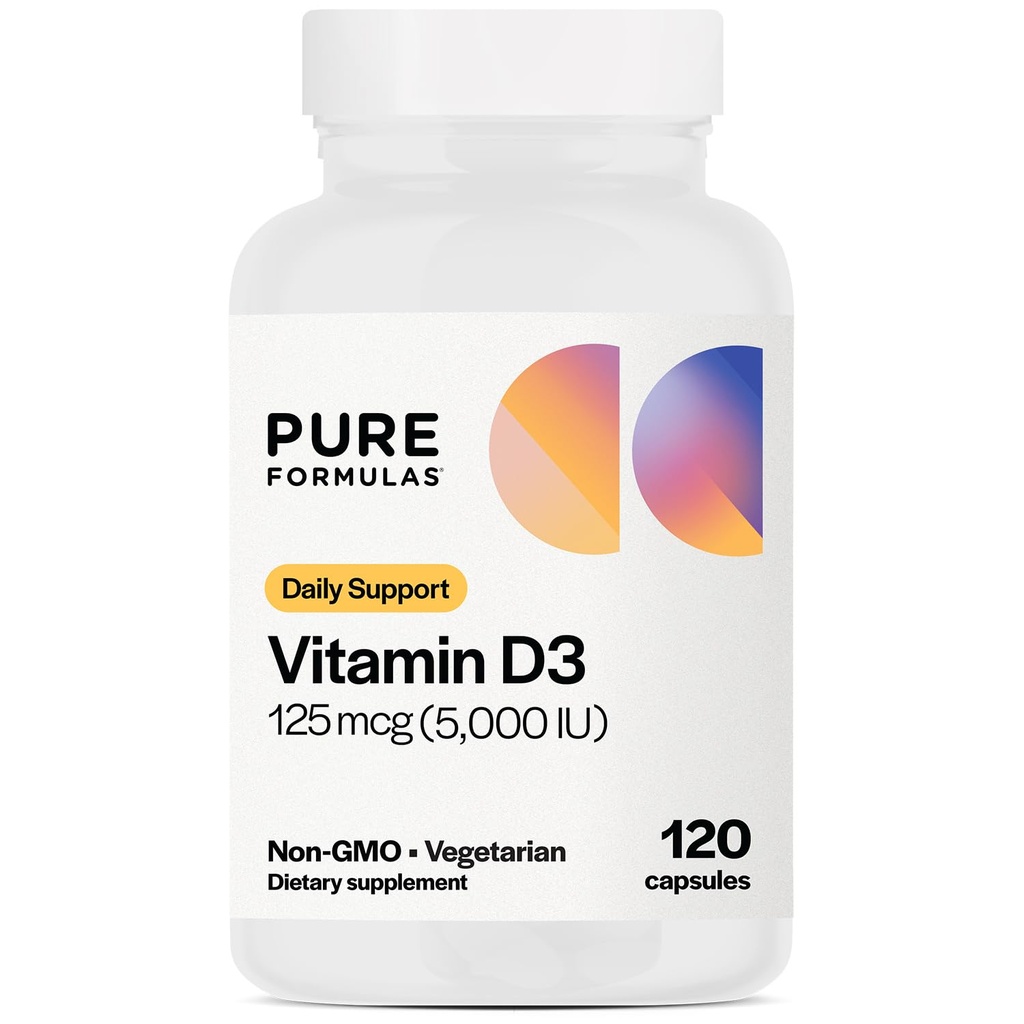PureFormulas Vitamin D3 5.000 IU 125 mcg - συμπλήρωμα καθαρής βιταμίνης D για υγιή σχηματισμό οστών, δόντια, καρδιοαγγειακή υγεία, και ανοσοποιητική υποστήριξη μη-GMO - 120 Count Vegetarian Κάψουλες