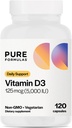 PureFormulas Vitamin D3 5.000 IU 125 mcg - συμπλήρωμα καθαρής βιταμίνης D για υγιή σχηματισμό οστών, δόντια, καρδιοαγγειακή υγεία, και ανοσοποιητική υποστήριξη μη-GMO - 120 Count Vegetarian Κάψουλες
