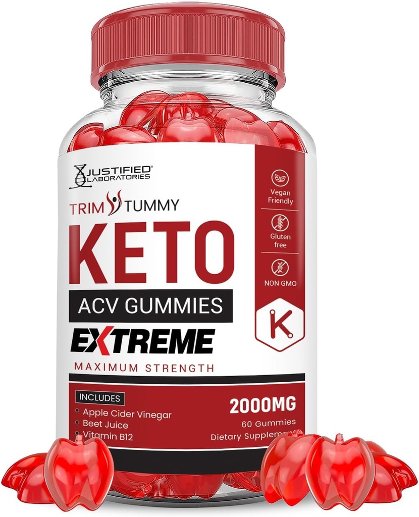 Justified Laboratories Trim Tummy Keto ACV Gummies Extreme 2000MG Trim Tummy Keto Gummies Apple Cider Vinegar Formed with Pomegranate Beet Buice Powder B12 Vegan Non GMO 60 Gummys