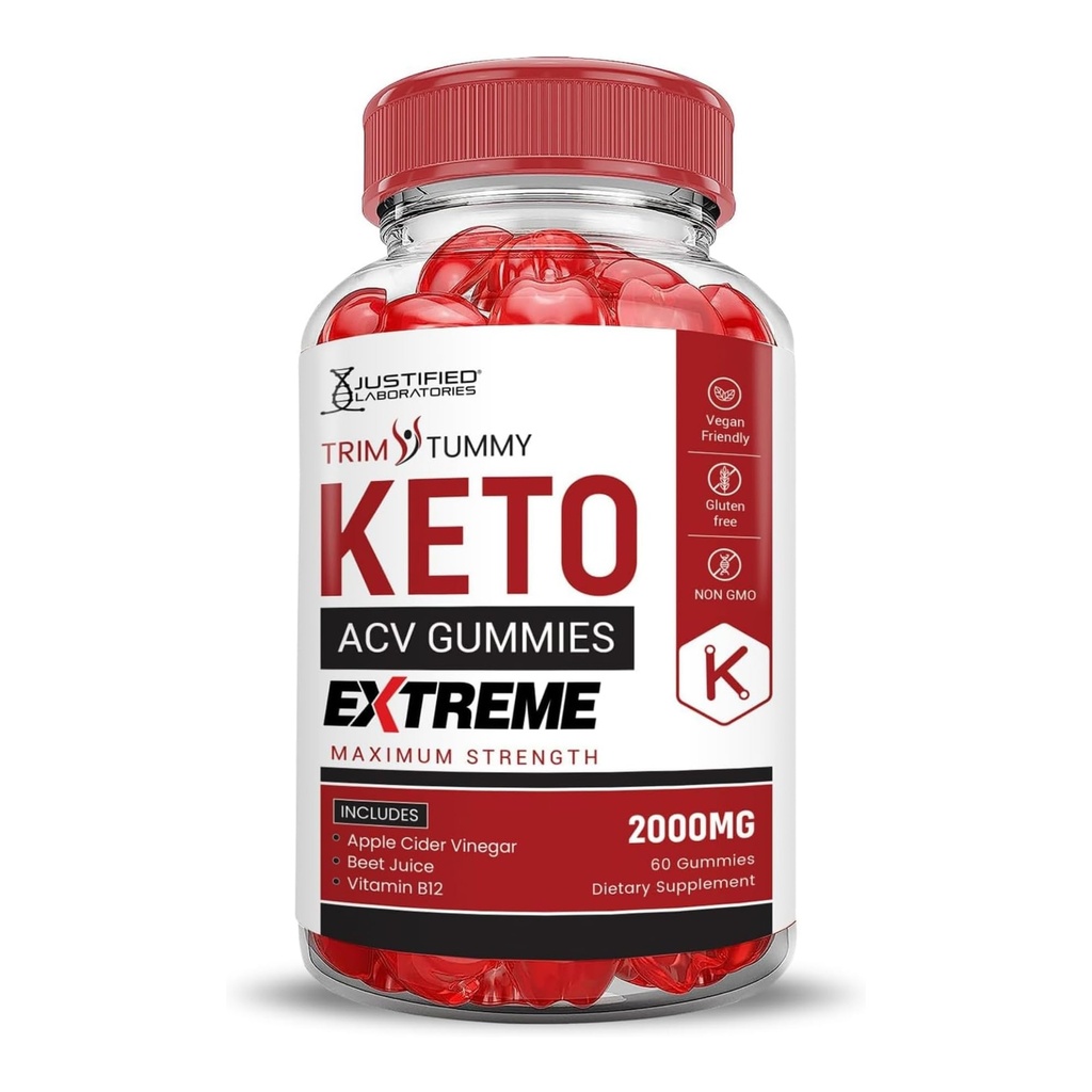 Justified Laboratories Trim Tummy Keto ACV Gummies Extreme 2000MG Trim Tummy Keto Gummies Apple Cider Vinegar Formed with Pomegranate Beet Buice Powder B12 Vegan Non GMO 60 Gummys