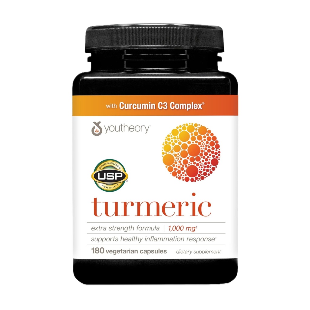 Youtheory Turmeric Extra Strength - 1,000 mg - Supports Muscle & Joint Health* - Contains Bioenhancers, Curcuminoids & Herbal Extracts - USP Verified - 180 Vegetarian Capsules (90-Day Supply)