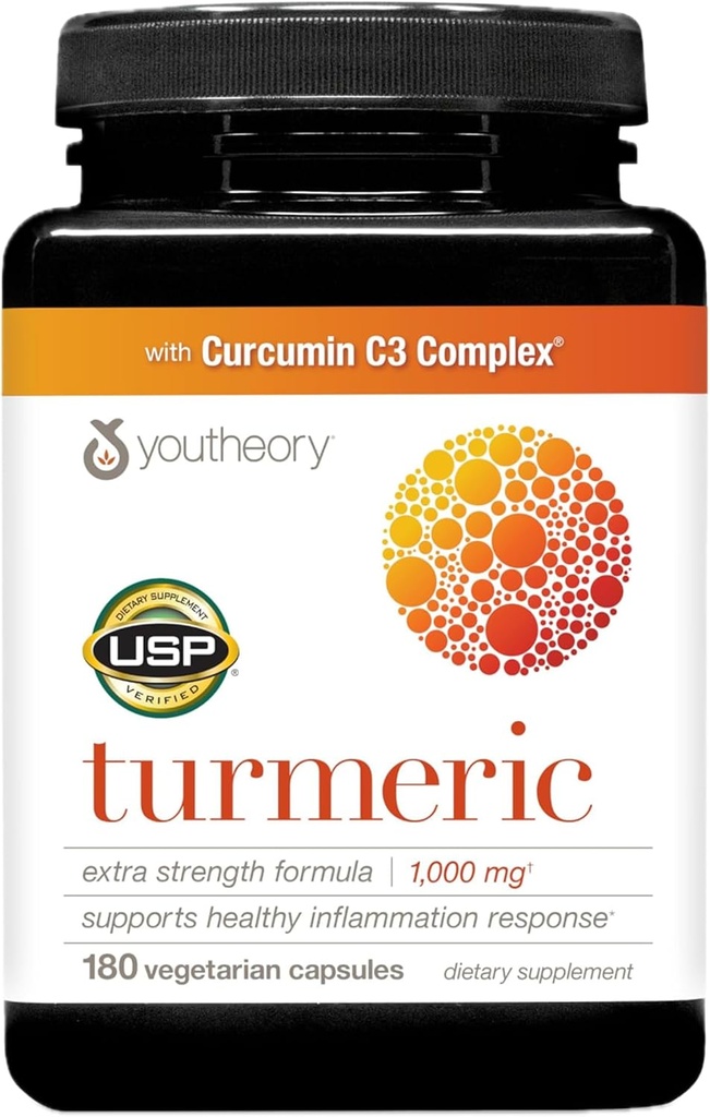 Youtheory Turmeric Extra Strength - 1,000 mg Turmeric Supplement - with 10 mg Black Pepper - Curcumin Joint Support* - Soy, Dairy & Gluten Free - 180 Vegetarian Capsules