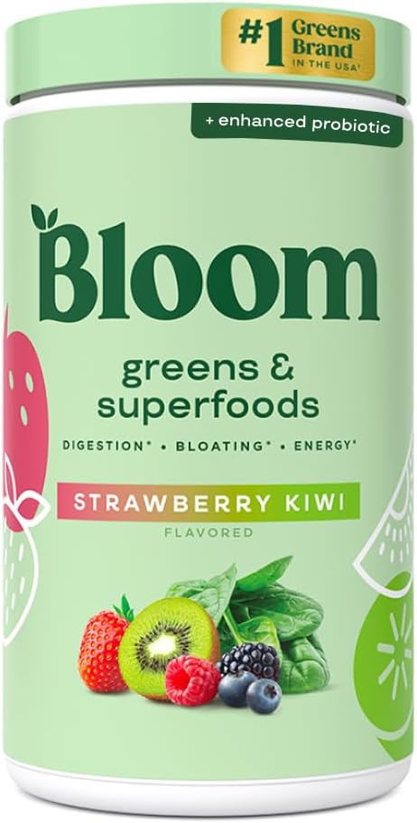 Bloom Nutrition Superfood Greens Powder, Digestive Enzymes with Probiotics and Prebiotics, Gut Health, Bloating Relief for Women, Chlorella, Green Juice Mix w Beet Root Powder, 60 SVG, Φράουλα Kiwi