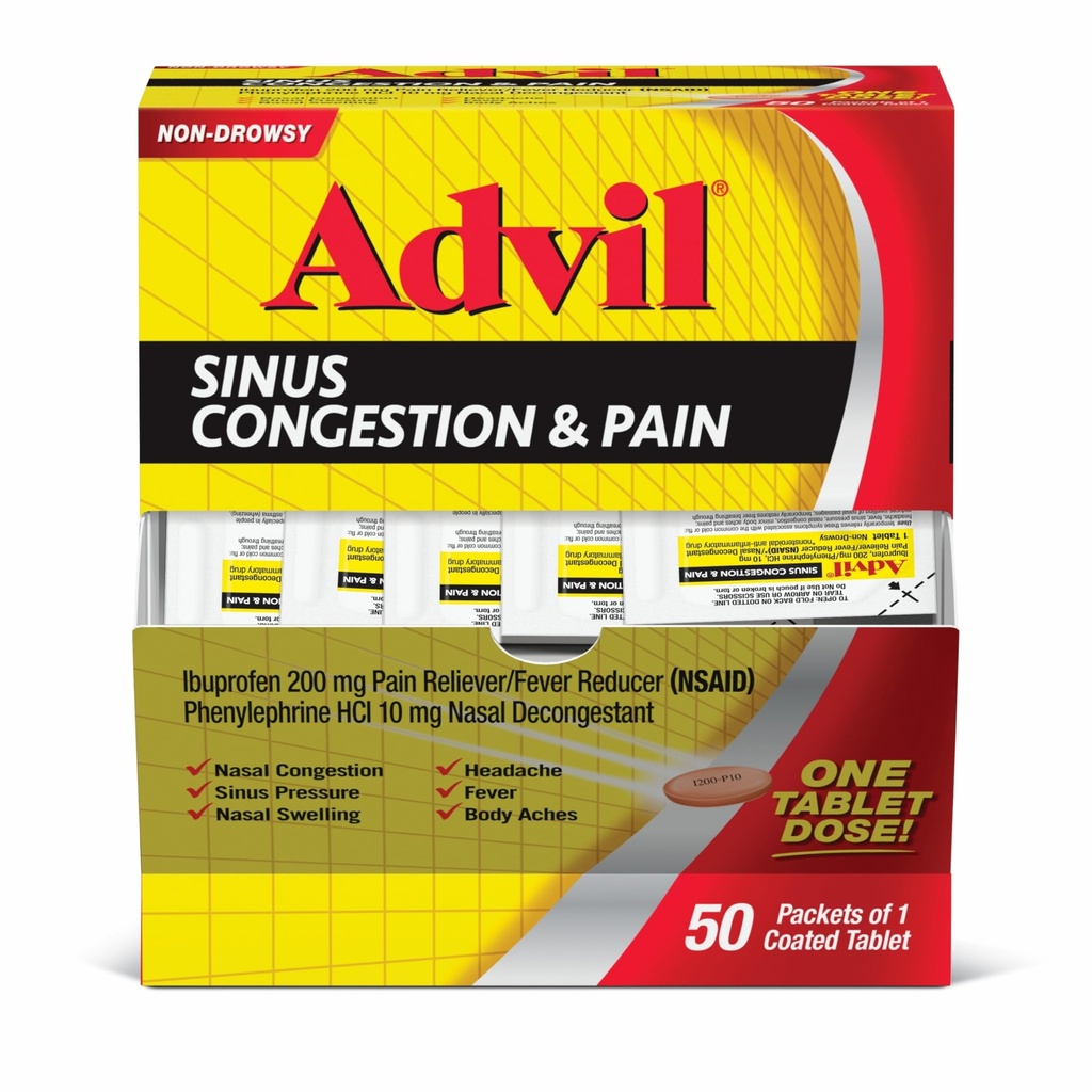 Advil Sinus Congesion and Pain, Sinus Relief Medicine, Pain Reliever και Fever Reucer με Ibuprofen και Phenylefrine HCl - 50 Επικαλυμμένα δισκία