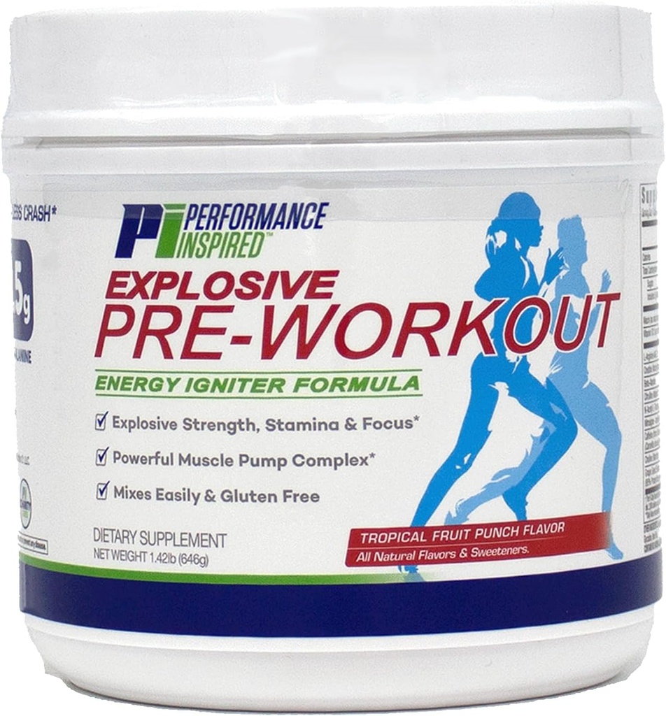 Performance Inspired Nutrition PreWorkout Powder - All Natural - G-Free & Vegan Formula - Περιέχει κιτρουλίνη - Nitrosigine - Πράσινο Τσάι - Αργινίνη - Beta Alanine - Tropical Fruit Punch - 32 Υπηρεσίες