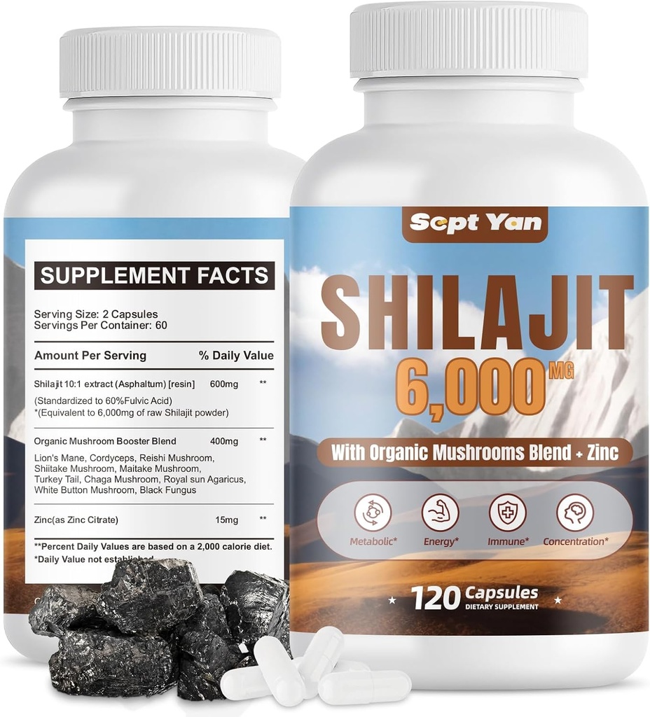 Shilajit Καψάκια Ιμαλαΐων - Καθαρό Βιολογικό Συμπλήρωμα Ιμαλαΐων με Μανιτάρια Blend, Ψευδάργυρος - 2 Μήνες Προμήθεια για Δύναμη, Σταμίνα, Εγκεφαλική & Ανοσολογική Υγεία - Shilajit για Γυναίκες & Άνδρες 120 Count Vegan