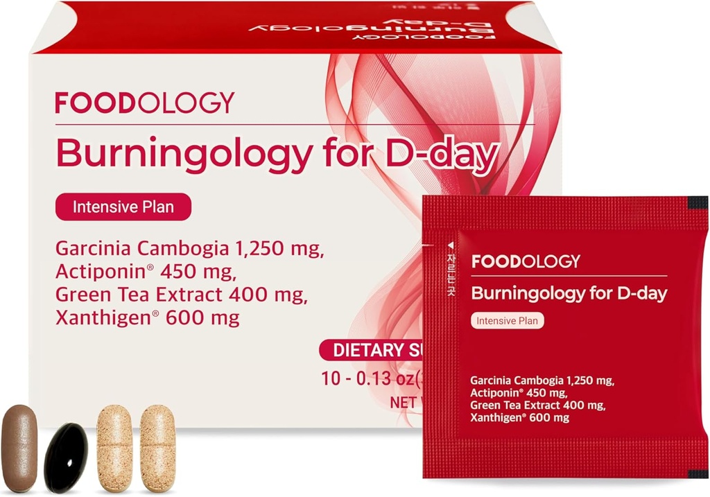 FOODOLOGY Burningology D-Day, όρεξη καταπιεστικό για γυναίκες & άνδρες, Boost Mood, υποστήριξη απώλειας βάρους και εγκαύματα θερμίδες, Garcinia Cambogia συμπλήρωμα, πράσινο εκχύλισμα τσαγιού - 10 πακέτα