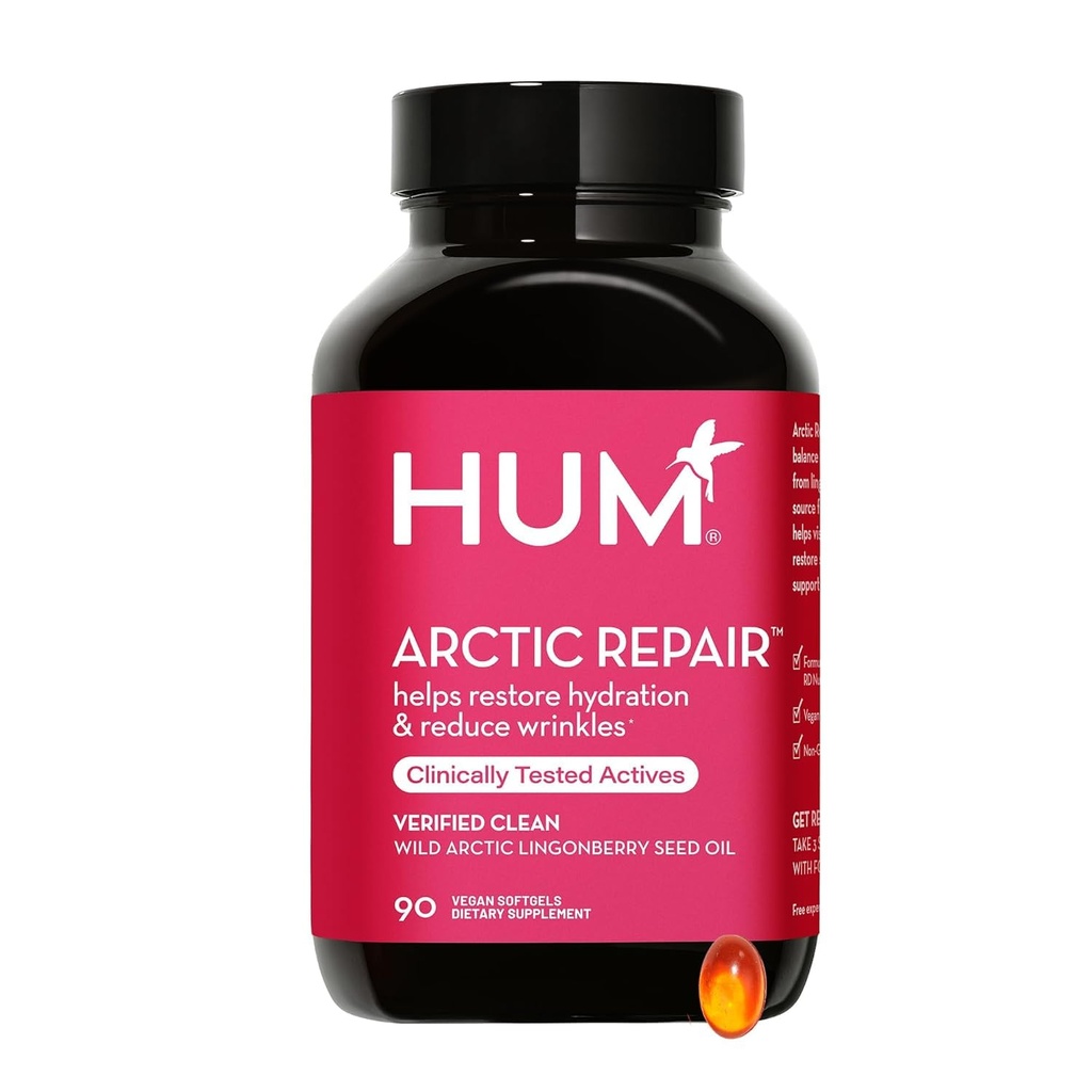 HUM Arctic Repair Clear Skin Supplement με Ωμέγα 3, Βιταμίνη Ε, Α, και Lingonberry Speed Oil, Επισκευή δέρματος με Ωμέγα 3 6 9 για να βοηθήσει την υποστήριξη της εμφάνισης ρυτίδων & υδρατμών, 90 Vegan Softgels