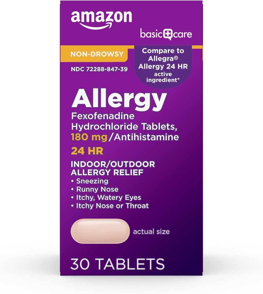 Βασική Φροντίδα All Day Alergy Relief, Fexofenadine Hydrochloride Tablets, 180 mg, Αντιισταμινικό, Μη- Νυσταγμός, 24- Hour Relief, 30 Count