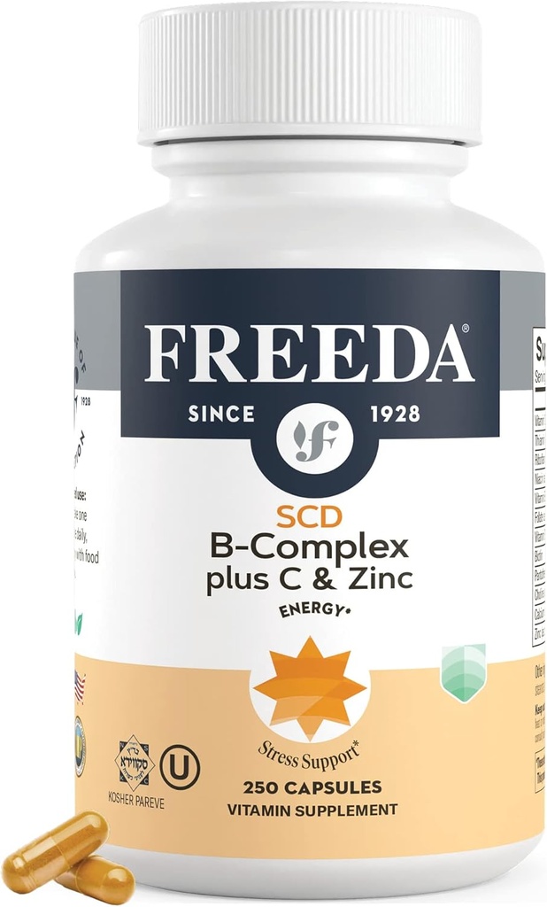 FREEDA Complete B Complex with Vitamin C & Zinc – SCD Legal Vitamin B Complex (B1, B2, B3, B6, B12) – 250 κάψουλες χορτοφαγίας, Κατάλληλο για όλους Συμπεριλαμβανομένων των SCD Diet Followers, Καθημερινή Υποστήριξη Υγείας