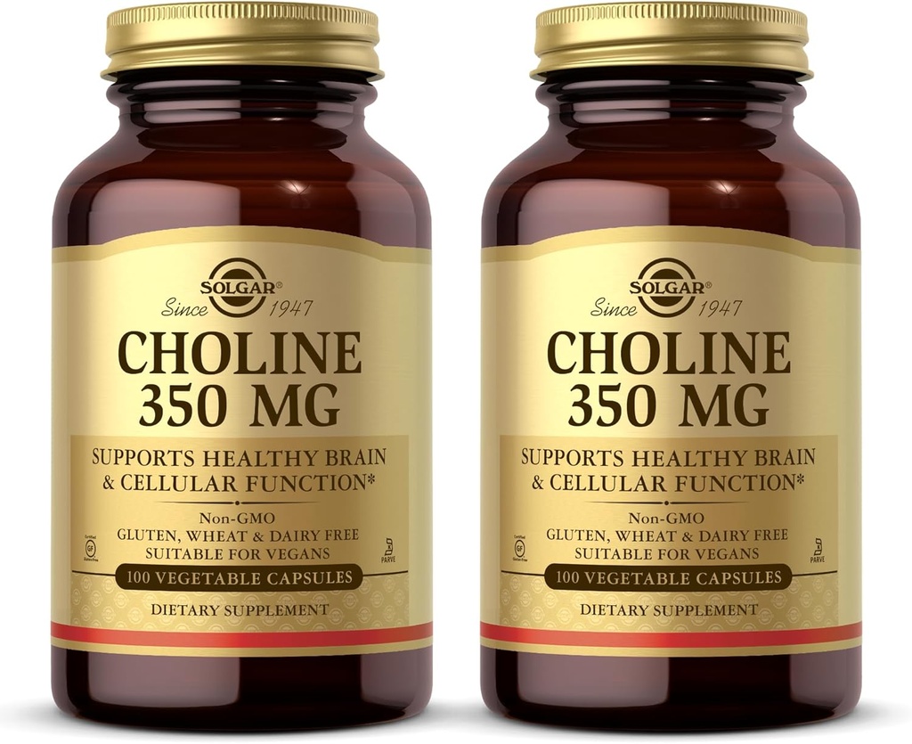 Solgar Choline 350 mg - 100 κάψουλες λαχανικών, Συσκευασία των 2 - Μη ΓΤΟ, Vegan, Kosher - 200 Σύνολο Υπηρεσιών