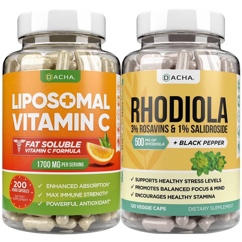 DACHA Premium Immune & Focus Enhancement Bundle - Liposomal Vitamin C και Rhodiola, για Ultimate Mood, Immune, Mind Health Support, Ultra Absorb Combo με Potent Ascorbyl Palmitate & Bioperine