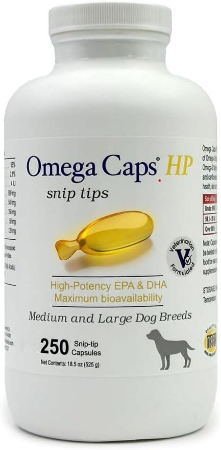 Omega Caps HP Snip Συμβουλές για Μεσαίου και Μεγάλου Σκύλους Υψηλής Ικανότητας EPA και DHA Μέγιστη βιοδιαθεσιμότητα συμπλήρωμα ιχθυελαίου Vet Formated Made in USA Skin Coat Joint and Heart Health 250 Κάψουλες