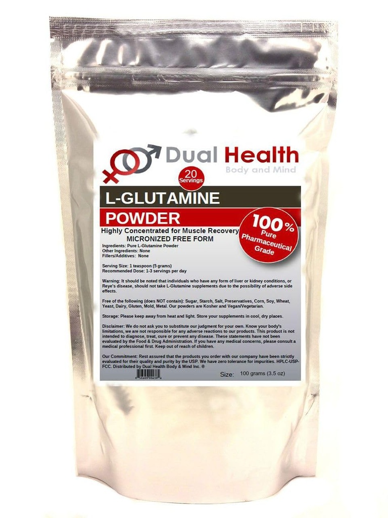 L-Glutamine (100 γραμμάρια -3.5 oz) Pure Powder 5000mg Free Form Bulk Supplements, Made in USA, Immune Digestion GI Support Leaky Gut Health Muscle Energy Stamina Αντοχή