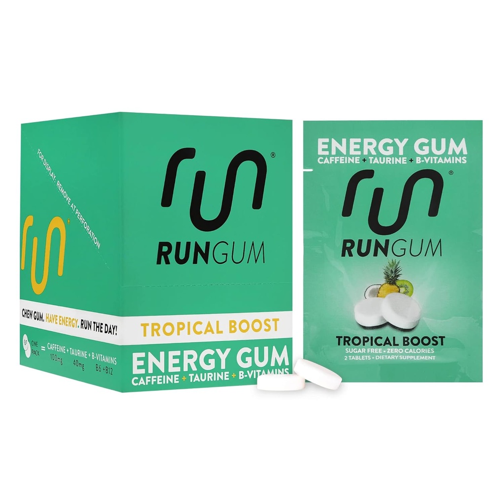 RUN GUM Tropical Boost Energy Chewing Gum 50mg Caffeine Taurine & B-Vitamins Per Piece, 24 κομμάτια (Pack of 12) Χωρίς ζάχαρη, Zero Calorie, Χωρίς Ασπαρτάμη, και Χωρίς Γλουτένη, 1 ea