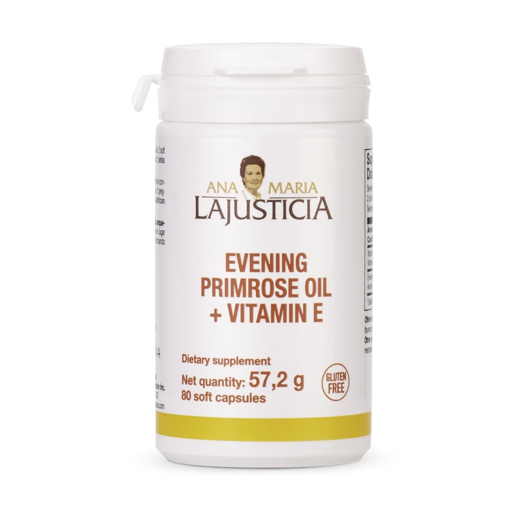 Ana Maria Lajusticia - Evening Primerose Oil + Vitamin E - 80 μαλακές κάψουλες Pack -1000mg. Χωρίς γλουτένη, Χωρίς λακτόζη και Χωρίς ζάχαρη.