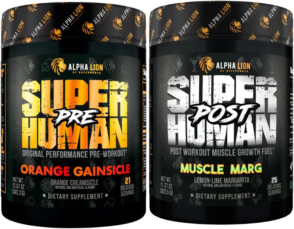 ALPHA LION Superhuman Pre Workout Powder & Post Workout Recovery Bundle, Contentive Energy & Focus + Lean μυϊκή ανάπτυξη, δύναμη & όγκος (Hulk Juice & Gainy Smith Apple)