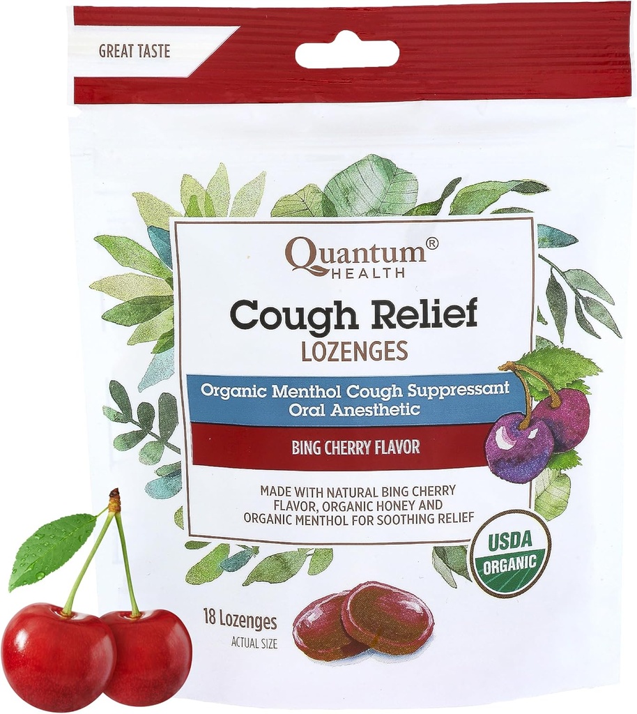 Quantum Health USDA Organic Cough Drops Menthol & Honey Throat Lozenges - Καταπραϋντικό με άρωμα κερασιού - Ξηρό Στόμα & Πονηρό Λαρύγγι Ανακούφιση για Ενήλικες & Παιδιά - 18 Μέτρα