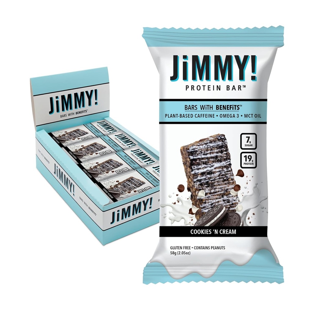 JIMMYBAR! - Cookies N Cream Protein Bars 19g Protein Bar - 7g Χαμηλή Ζάχαρη - 12 Count - 58g Health Bars - Λειτουργικό Σνακ με πραγματικά συστατικά τροφίμων - Σοκολάτα με το χέρι Drizzled - Made with Real Peanuts