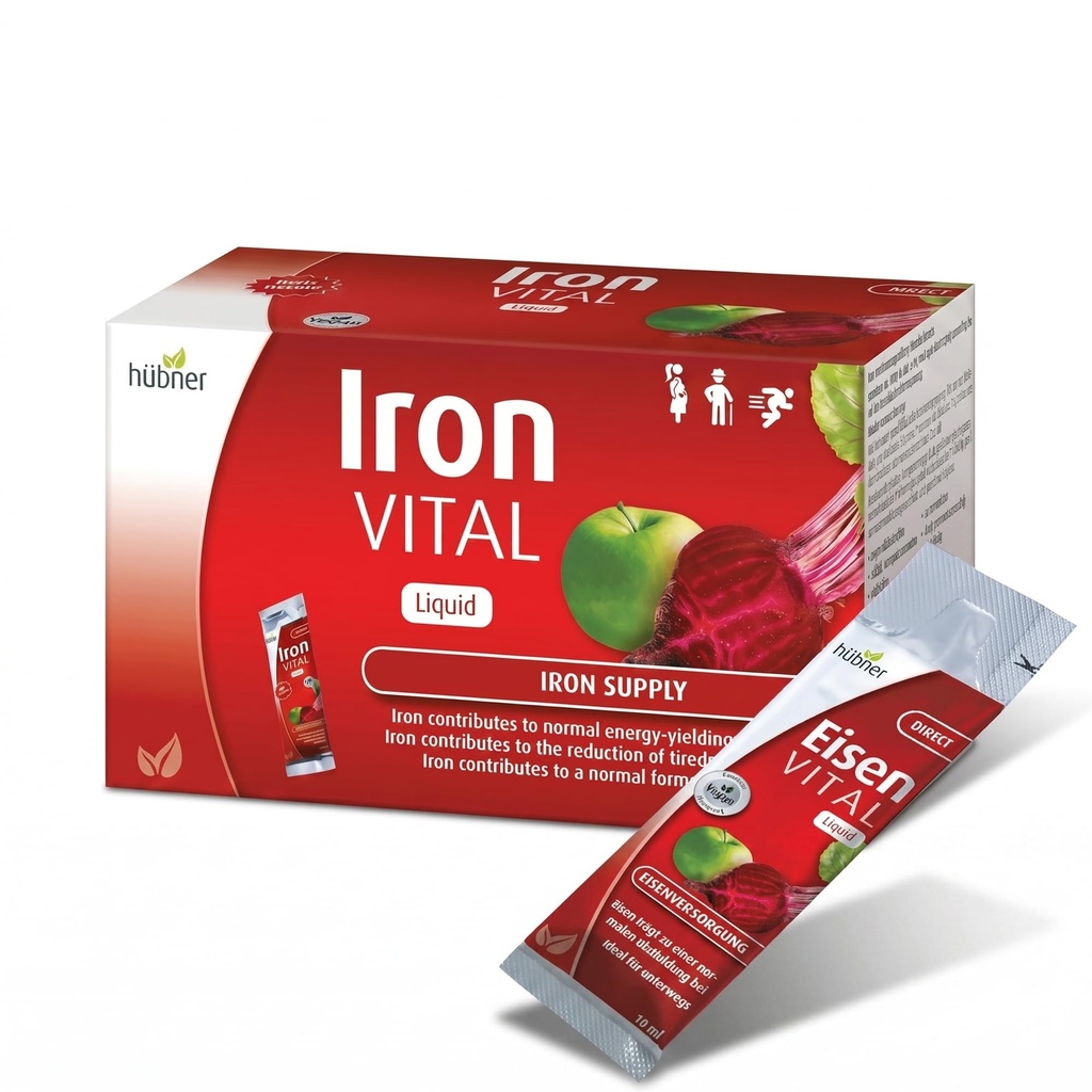 Hübner Iron Vital Liquid Iron Supply Plus Βιταμίνη C, Συμπλήρωμα διατροφής για ενήλικες και παιδιά, Vegan και χωρίς γλουτένη, Fruit Flavor, Κουτί 20 Πακέτων, 10 ml Καθένα