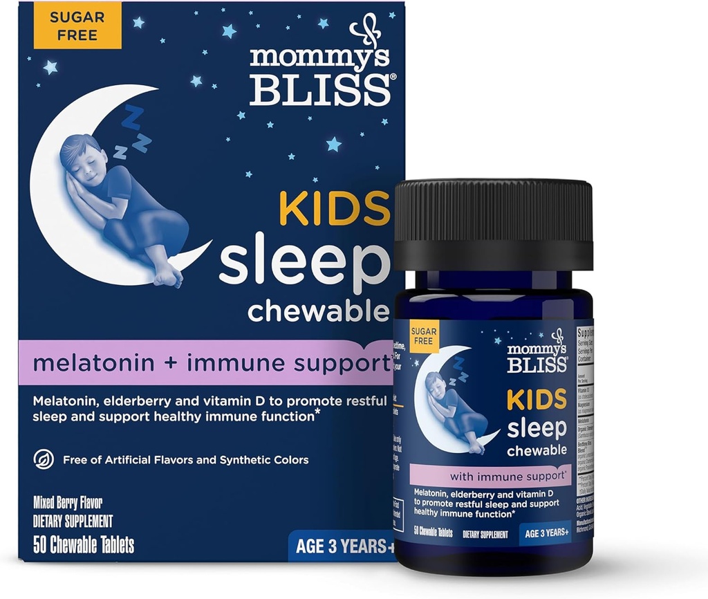 Mommy's Bliss Kids Sleep + Ανοσία 1 mg Μελατονίνης Μασώμενα, Περιέχει Μαγνήσιο, Βατόμουρο και Βιταμίνη D, Χωρίς ζάχαρη, 3 Χρόνια+, 1 Φιάλη (50 δισκία)