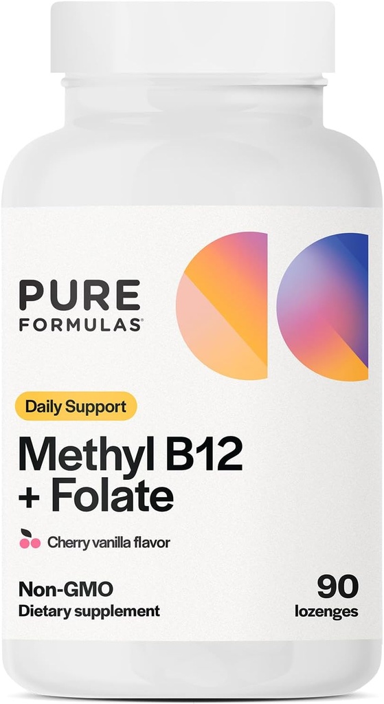 PureFormulas Methyl B12 + Folate Supplement, 1.000 mcg methylated B12 Supplement, 665 mcg Folate, Cherry Vanilla Flavor, methylated Vitamin B 12 - Non-GMO, 90 Lozenges
