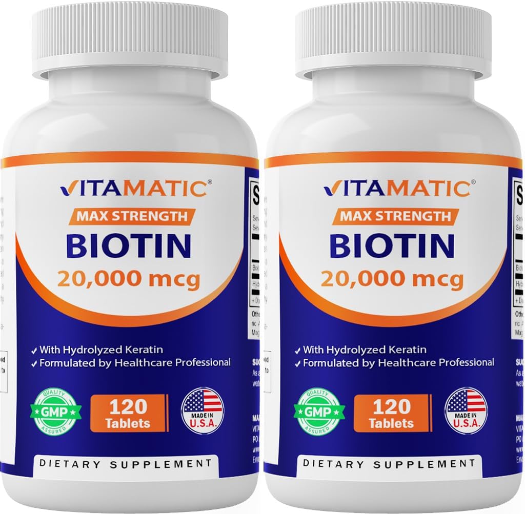 Vitamatic High Potency Biotin 20000 mcg (20mg) με κερατίνη 100mg - 120 Vegetarian Tablets - Βιοτίνη Συμπληρώματα για Υγιεινό Δέρμα & Καρφάκια για Ενήλικες (120 Count (Pack of 2))