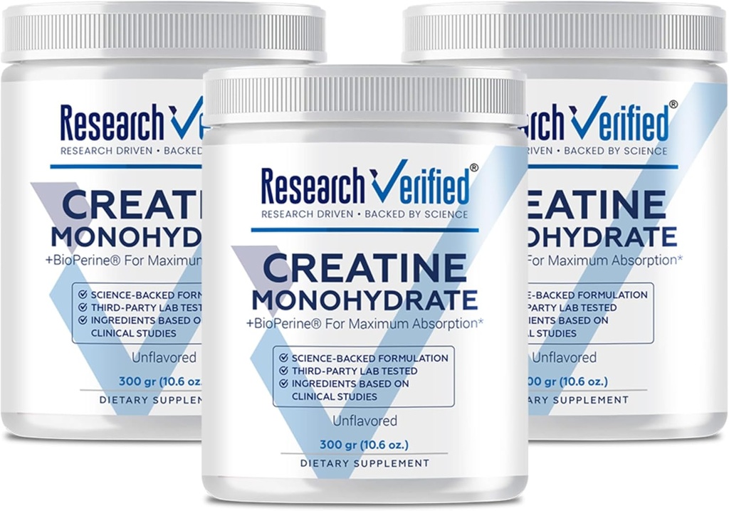 Research Verified Creatine Monohydrate - Support Optimal Muscle Growth, Enhance Performance - 5000mg Creatine Monohydrate - BioPerine - 180 Servings - Unflavored - Vegan
