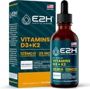 E2H Βιταμίνες D3 & K2 Συμπλήρωμα για την Ανοσολογική Υποστήριξη - Υγρή Βιταμίνη D3 5000 IU - Κατασκευασμένες στις ΗΠΑ - Μη ΓΤΟ, Vegan - 120 Σερβιέτες