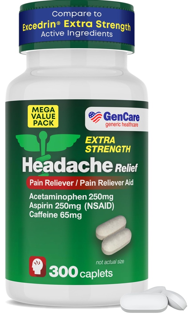 GenCare - Κεφαλαλγία ανακούφιση Acetaminophen με ασπιρίνη (NSAID) & καφεΐνη (300 Caplets) Συσκευασία αξία 