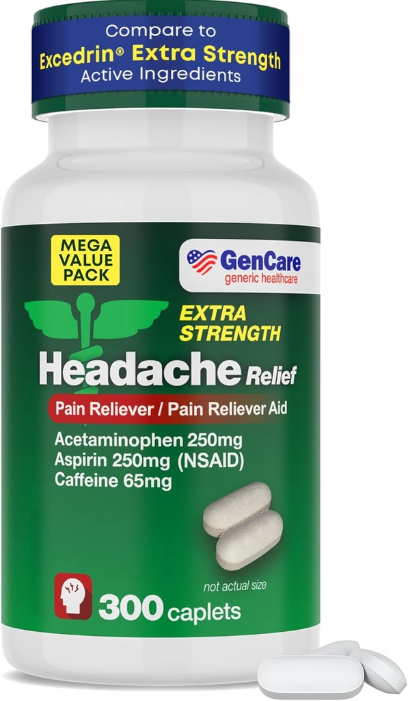 GenCare - Κεφαλαλγία ανακούφιση Acetaminophen με ασπιρίνη (NSAID) & καφεΐνη (300 Caplets) Συσκευασία αξία 