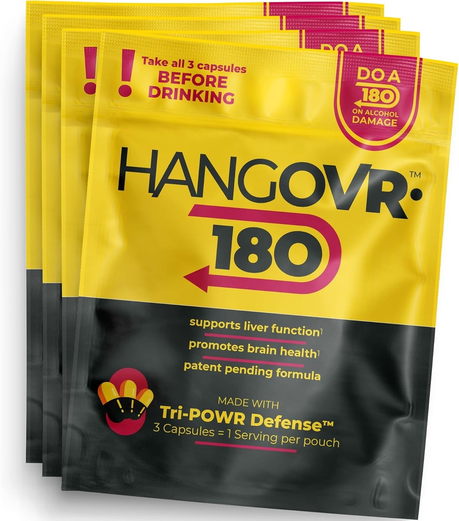 Hangovr 180 Tri-Power Before Drinking Defense 4 Pack - Υποστήριξη για την υγεία του ήπατος και του εγκεφάλου, αισθάνονται πιο φρέσκο και καλύτερη ενέργεια - - Πάρτε πριν από το ποτό για ανακούφιση, 3 κάψουλες ανά σάκο