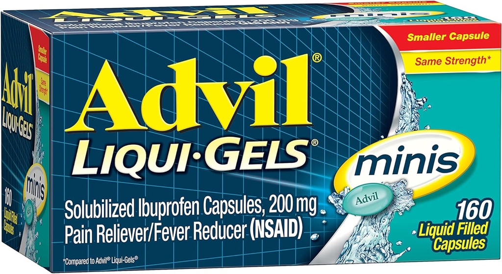 Advil Liqui-Gels Minis Pain Reliever and Fever Reducer, Pain Medicine for Adults with Ibuprofen 200mg for Pain Relief - 160 Liquid Filled Capsles