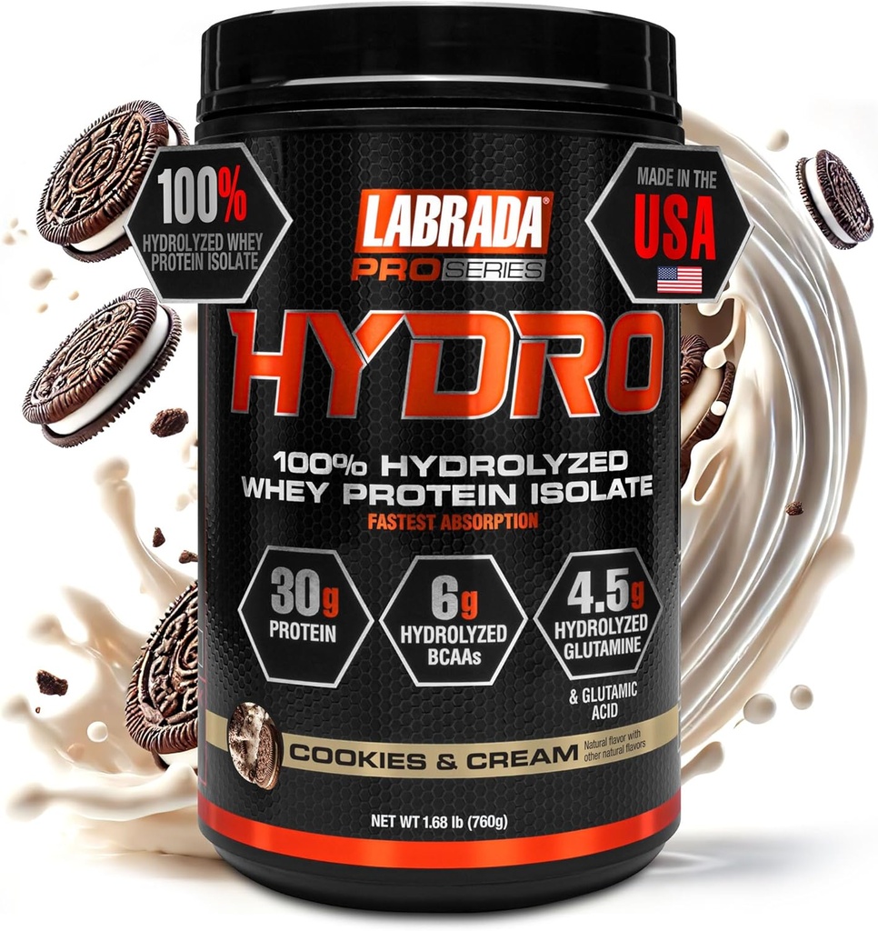 Labrada Hydro 100% Pure Hydrolyzed Whey Protein Isolate Powder, Lactose free, 6g BCAA’s, 4.5g Glutamine, Fastest Digesting Whey Διαθέσιμος, Άμεση ανάμειξη, Νόστιμη γεύση 20 Σερβιέτες (Cookies & Cream)