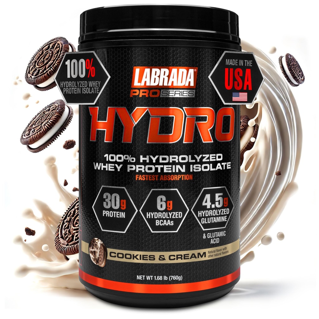 Labrada Hydro 100% Pure Hydrolyzed Whey Protein Isolate Powder, Lactose free, 6g BCAA’s, 4.5g Glutamine, Fastest Digesting Whey Διαθέσιμος, Άμεση ανάμειξη, Νόστιμη γεύση 20 Σερβιέτες (Cookies & Cream)