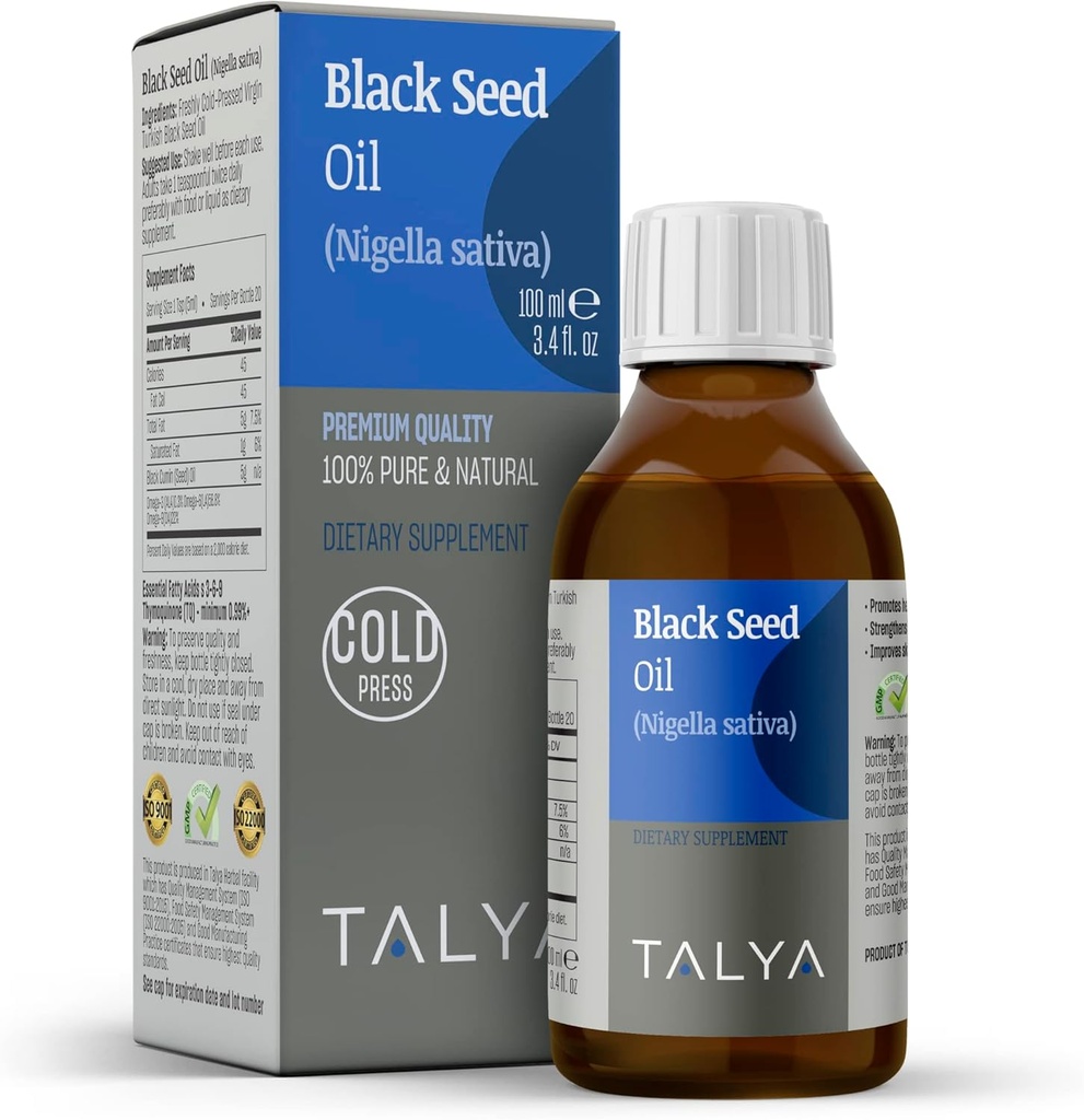 TALYA Black Seed Oil 3.4 fl. oz (100 ml) - Υγρό Black Seed Oil - Συμπλήρωμα διατροφής - Υποστήριξη ανοσοποιητικού - Υψηλή Thymoquinone - Ψυχρή πίεση - Καθαρό Τουρκικό Μαύρο Seed Oil - Μη ΓΤΟ - Γυάλινο Μπουκάλι