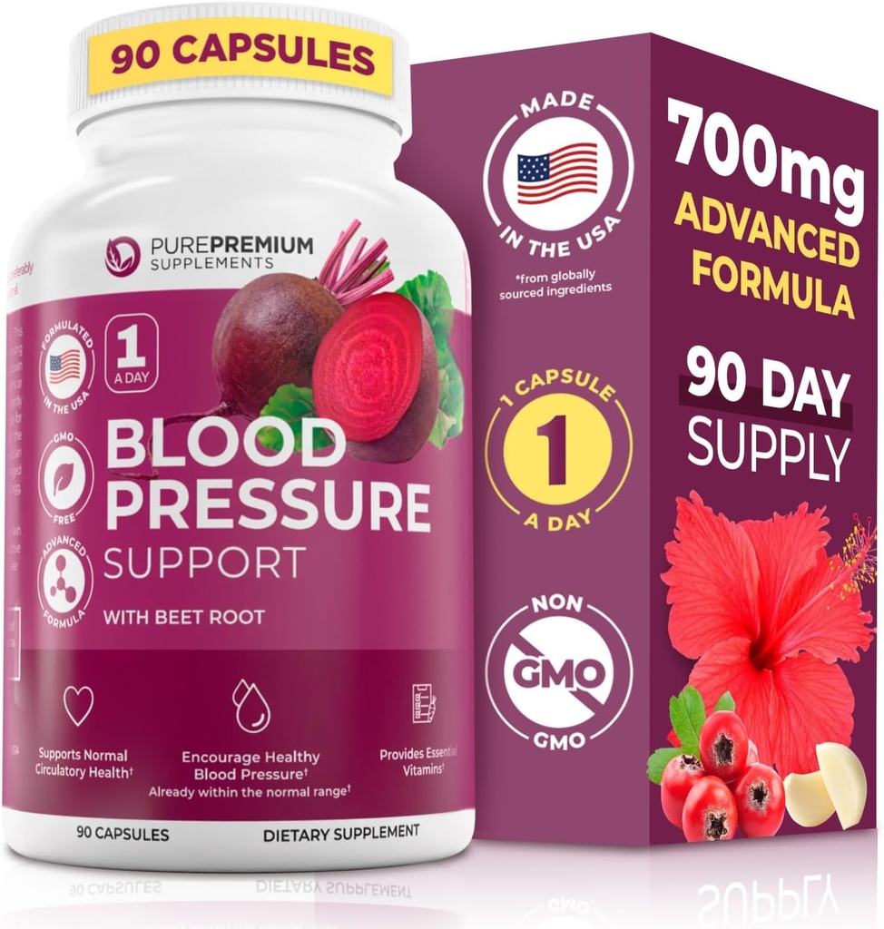 PurePremium Beet Root Capses for Blood Pressure Support – 700mg Advanced Formula with Beetroot Powder, Hawthorn, Hibiscus & Σκόρδο για την κανονική παραγωγή οξειδίου του αζώτου & την υγεία της καρδιάς – Non-GMO - 90ct