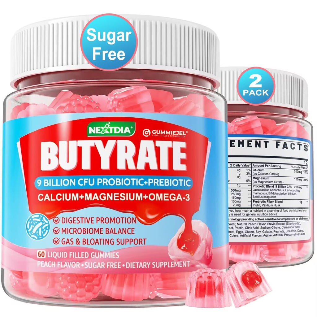 Butyrate Gummies with Probiotic + Prebiotic + Postbiotic, Omega-3 500mg,9 Billion CFU Probiotics with Fiber, Calcium & Magnesium, Inulin,Psyllium Husk for Digestive Health,Bloating Support,Sugar Free