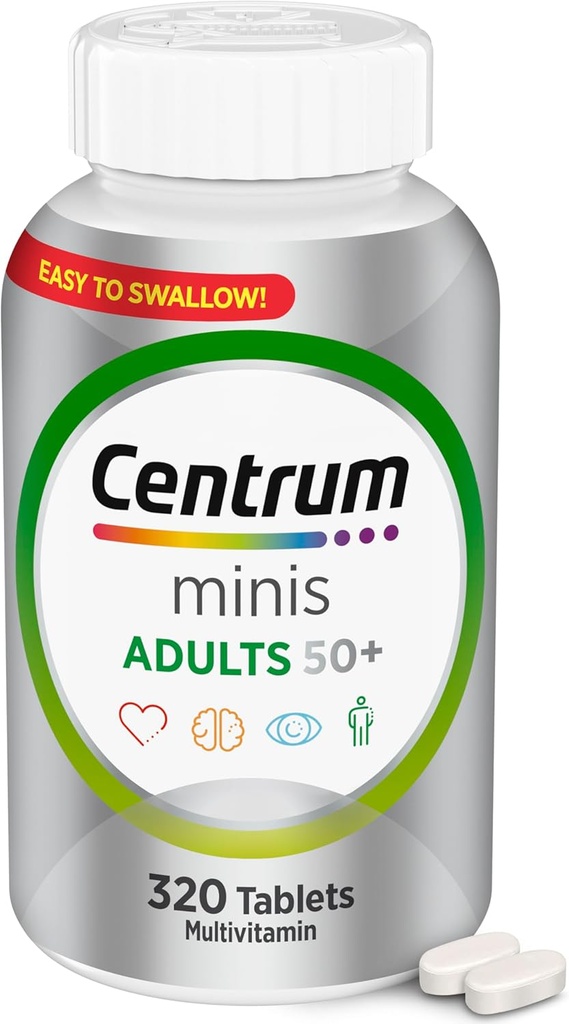 Centrum Minis Silver Multivitamin Tablet for Adults 50 Plus, Multimineral Supplement, Vitamin D3, B-Vitamins, Gluten Free, Non-GMO Ingredients, Supports Memory and Cognition in Older Adults - 320 Ct