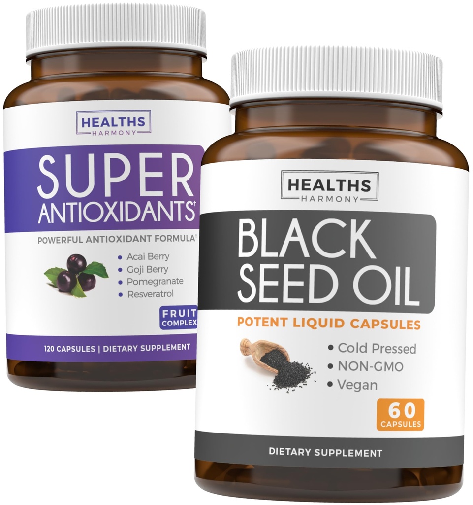 Antioxidants & Black Seed Oil (1-Month Supply) Super Antioxidant Supplement with Acai Berry, Goji Berry, Pomegranate & Trans Resveratrol (120 Capsules) & Black Seed Oil (Non-GMO & Vegan) 60 Capsules