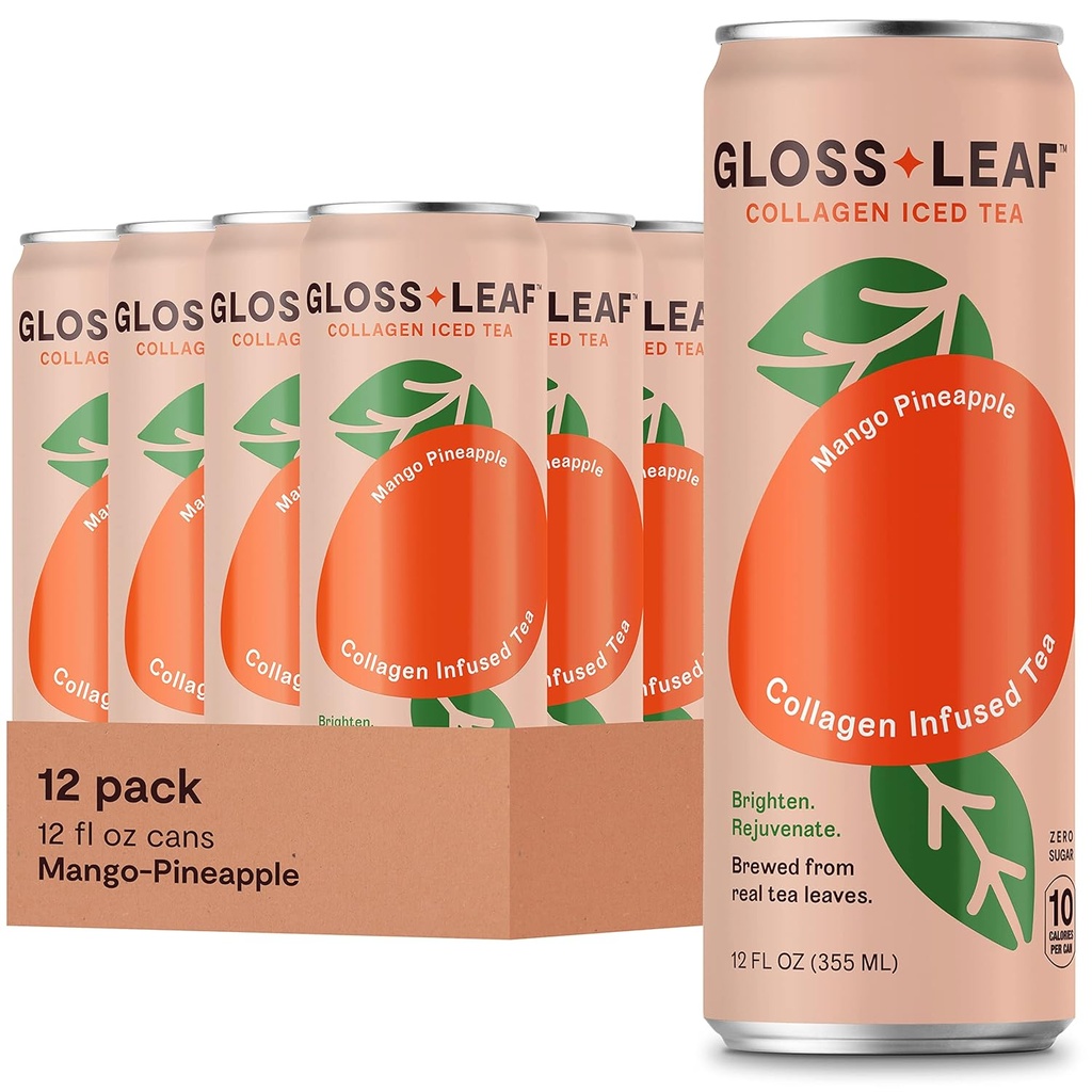 Gloss Leaf Collagen Iced Tea (Zero-Sugar, Mango-Pineapple): Αναζωογονημένο μαύρο τσάι με πρωτεΐνες κολλαγόνου και βιταμίνη C, ομορφιά & κατά της γήρανσης, 12 Fl Oz, 12 Pack