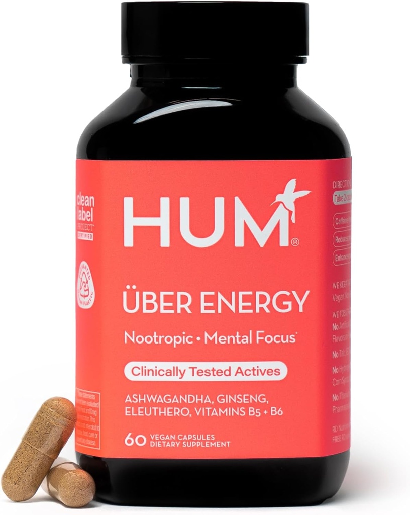 HUM Uber Energy Adrenal Energy Support Supplement with Ashwagandha Root, Ginseng, B Vitamins, Vitamin B6, B5, and Adaptogens, Συμπληρώματα για την υποστήριξη της Adrenal Fatigue, 60 Vegan Κάψουλες