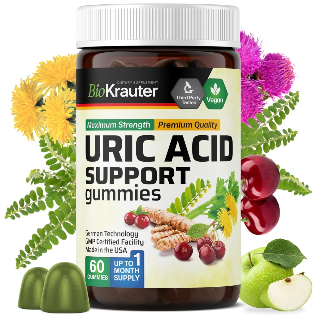 BIO KRAUTER Uric Acid Support Gummies - 60 Vegan Chews - Uric Acid Support w/Tart Cherry & Chanca Piedra 4:1 Extracts - Φυσικό συμπλήρωμα νεφρών w/Milk Thittle και Turmeric