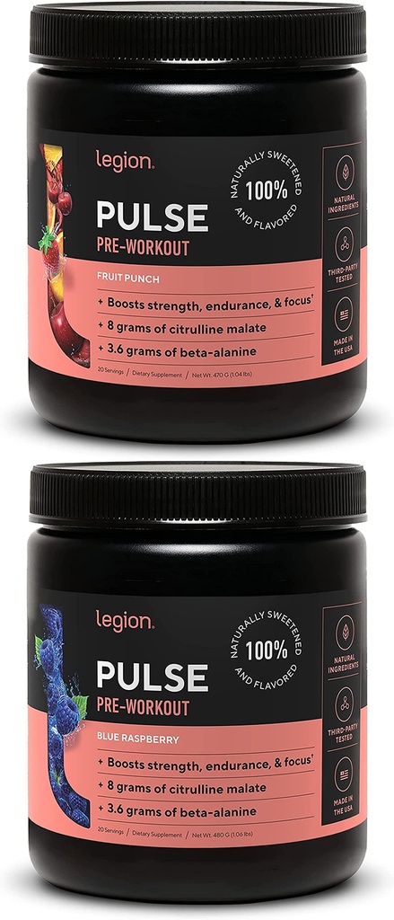 LEGION Pulse Pre workout Supplement - Όλα τα φυσικά Nitric Oxide Preworkout Ποτό για την ενίσχυση της ενέργειας, Createine Δωρεάν, φυσικά γλυκαντικά, Beta Alanine, Citrulline, Alpha GPC (Fruit Punch & Blue Raspberry)