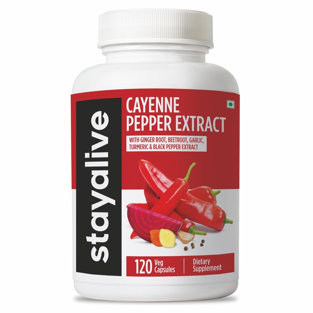 StayAlive Καψάκια Πιπεριού Cayenne 960mg Super Extract με Τζίντζερ, Σκόρδο, Κουρκουμάς, Ρίζα τεύτλων, Μαύρο Πιπέρι, 120 Κάψουλες Καγιέν, Καρδιαγγειακό & Ανοσοποιητικό Σύστημα Υποστήριξης, Χάπια Συμπλήρωμα Καψαϊκίνης