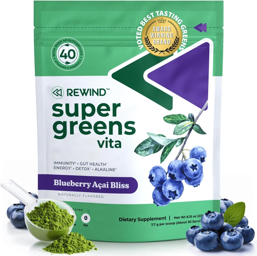 Best Tasting Super Greens σκόνη με 40+ Superfoods – Delicious Daily Green σκόνη με βιταμίνη Β12, ψευδάργυρο, βιταμίνη C, μαγνήσιο και ασβέστιο – Πράσινο χυμό Superfood Mix - βατόμουρο Acai Γεύση