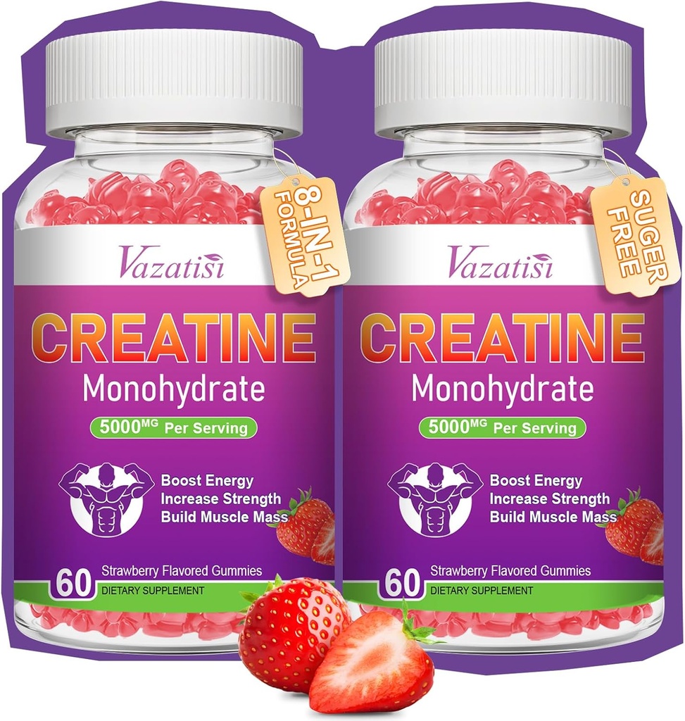 2 Pack Creatine Monohydrate Gummies για γυναίκες & άνδρες, χωρίς ζάχαρη Vegan Create Supplement for Build Musles, Increase Energy & Strength, Natural Strawberry Flavor, 120 Count