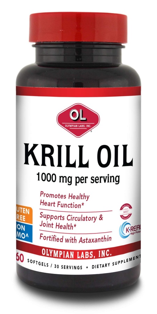 Olympian Labs Antarctic Krill Oil, 1000mg Caps with Astaxanthin, Omega-3, EPA, DHA, Immune, Joint & Brain support, 60 Softgels